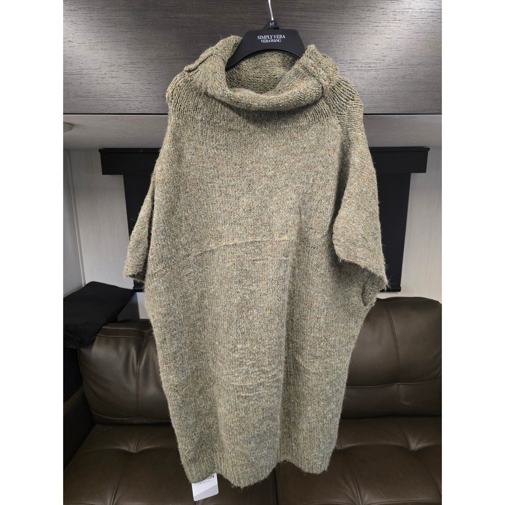 Fashion Oversized Cowl Neck Poncho Sweater Green Wool Blend Knit Medium NEW